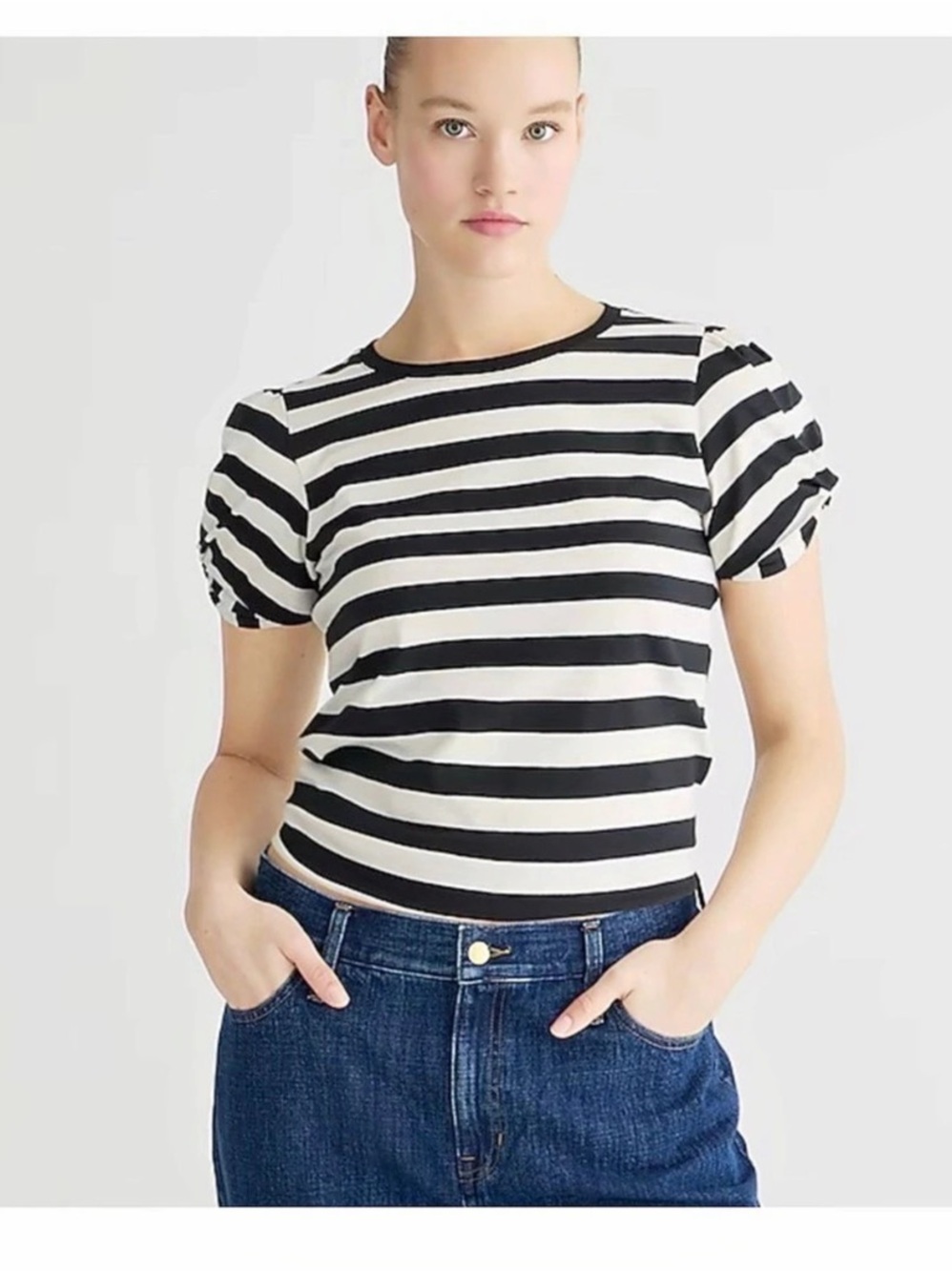J.Crew black and white horizontal striped tee with ruched PUFF sleeves sz M. NEW